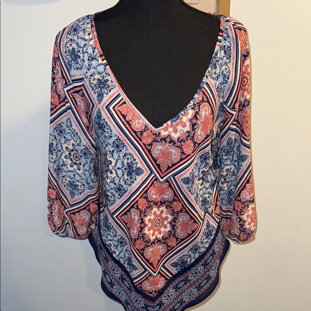 Heart Soul Blue Asymmetrical 3/4 Sleeve Blouse